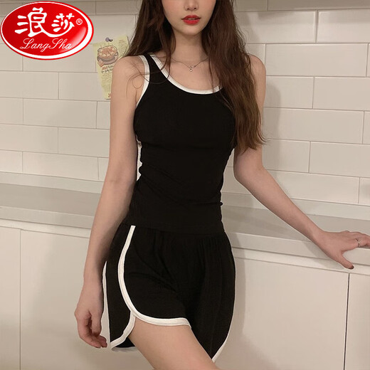 浪莎带胸垫夏季睡衣女吊带莫代尔2025新款性感运动背心家居服套装外穿 12035黑色 M [推荐80-100 斤穿]