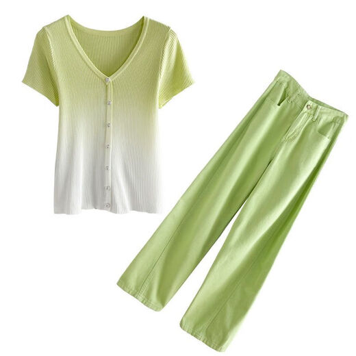 Yu Zhaolin (Yuzhaolin) 2025 Sommerer Modeanzug für modische altersreduzierende T-Shirt von Frauen mit hoher Taillenabschleife zweiteilige grüne Hose 7373b s
