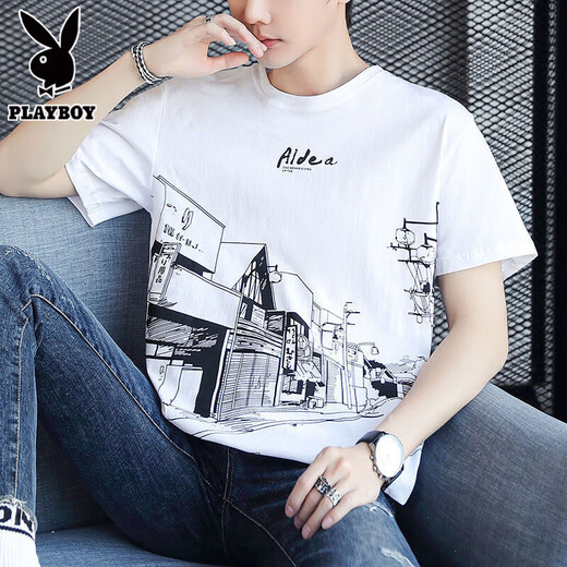 花花公子（PLAYBOY）纯棉短袖t恤男士2025新款半袖体恤衫宽松潮流夏季男装上衣服 Z829灰色 XL 【建议128-143斤】