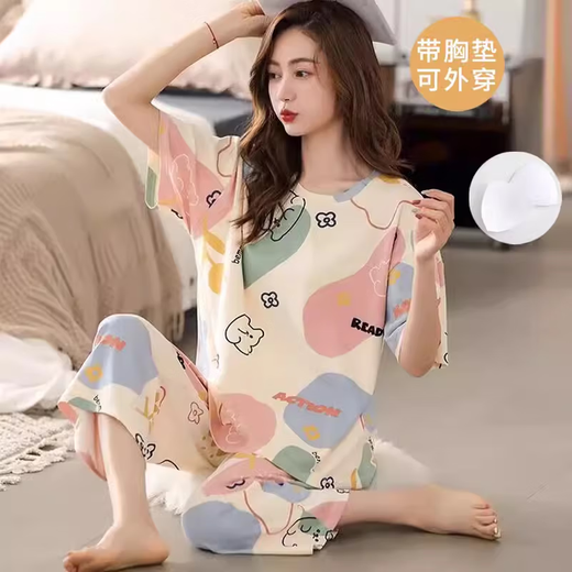简方位免穿文胸睡衣女夏季纯棉短袖七分裤女士可外穿自带胸垫家居 带胸垫七分：679-芭比熊 M 码75-95斤左右