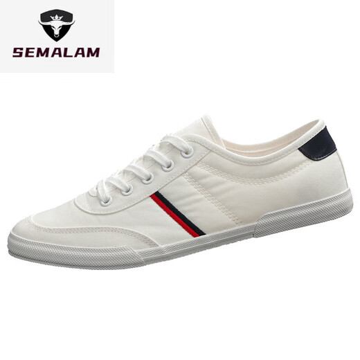 Semalam kleine weiße Schuhe Herrenschuhe Herren Frühling und Sommer niedrigem Top atmungsaktivem, vielseitig weicher Sohle Leichtgewichtigen Herren-Board-Board-Schuhen Leinwandschuhe Herren Beige 9272 Fine-Line Canvas 40