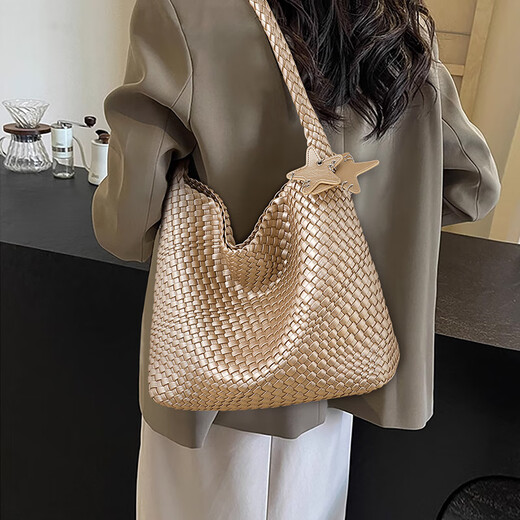 CITICITY Bag Women's Bag High-end Luxury Woven Bag 2025 New Tote Bag Large Capacity Versatile Commuter Shoulder Bag Champagne Color (Exquisite Gift Box)