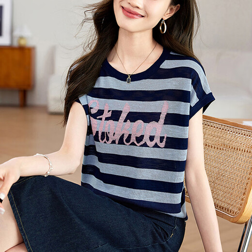 OLJ light luxury brand T-shirt for women in summer 2025 new striped letter casual shoulder loose flesh covering top, green M 90-105Jin [Jin equals 0.5 kg]