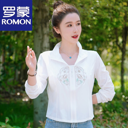 罗蒙（ROMON）中式国风短款防晒衣女外穿2025夏季新款轻薄款外套小个子刺绣上衣 白色 M 【建议90-100斤】