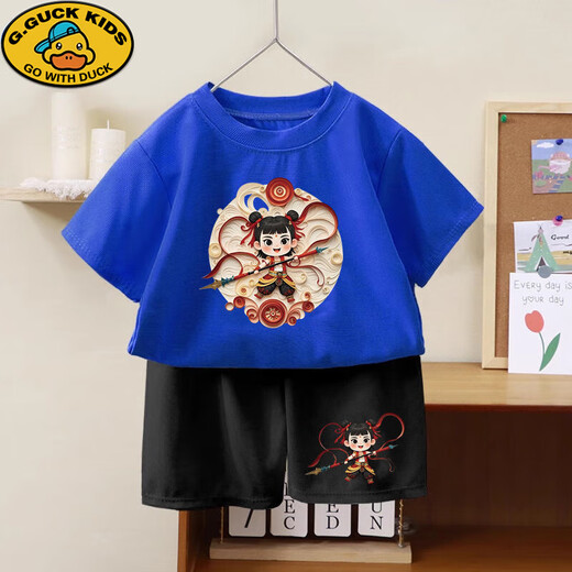 G.DUCKKIDS棉短袖短裤儿童套装哪吒2025夏季新款男女童夏装T恤中大童衣服 1092#后包T酒红+1098#黑短裤 90