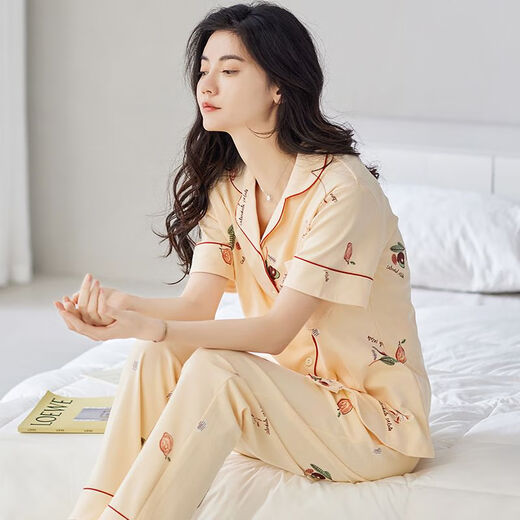 雅鹿2025新款睡衣女款夏季薄款棉短袖长裤开衫家居服棉套装 Y9718  不起球 L 建议100-120斤穿