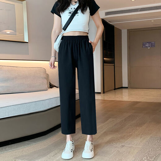 黑色九分阔腿裤女夏季薄款宽松垂坠感高腰显瘦休闲裤子潮 829春秋九分裤【有口袋】 M 建议95-110斤