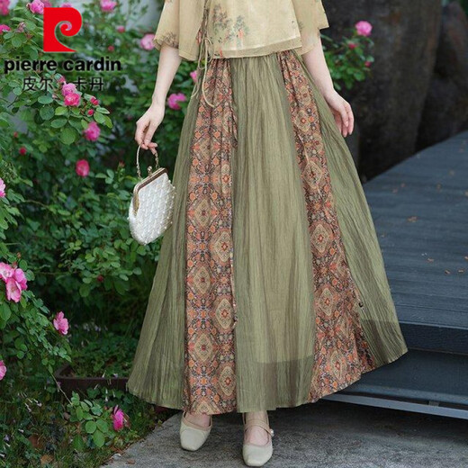 
Pier Cardin summer new Chinese style oriental classical Chinese style jacquard slanted lace temperament stand collar button top spliced ​​skirt suit 1043 green + 12161 brown S