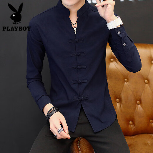 花花公子（PLAYBOY）男士衬衫长袖春秋唐装盘扣中式立领外套中国风休闲衬衣感男装 白色9905盘扣立领衬衫 2XL