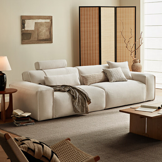 Lin's Home Furnishing Tofu Block Fabric Cloud Sofa Living Room 2025 New Cream Style Small Apartment Cotton and Line Removable Washable BS673 [2.44m] Natural Line (including Cloth Cover)