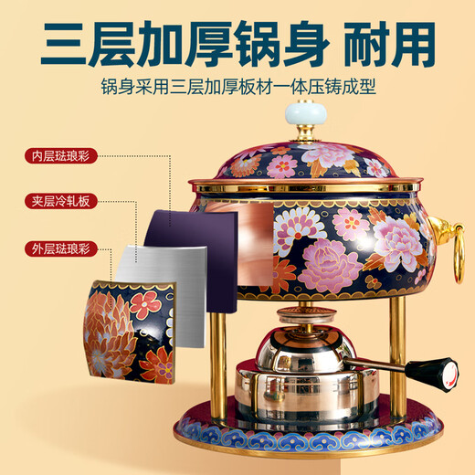 Jing'ao enamel single-person copper pot inflatable small hot pot, one person and one pot, commercial high-end copper hot pot, small gas stove for home use, color grid model, yellow bottom, free inflatable stove core 16cm