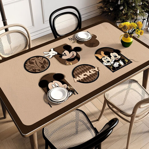 Placemat light luxury high-end Mickey Mouse cartoon dining table mat oilproof waterproof free desktop protective pad desk mat light C6636 [Super soft ecological leather] coating oilproof 70*140cm