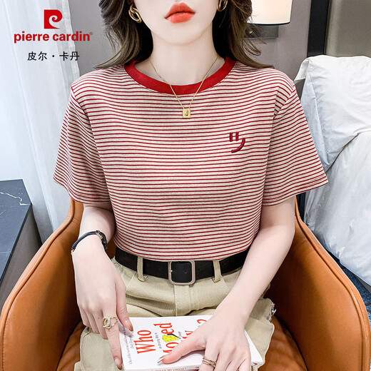 皮尔卡丹（pierre cardin）条纹短袖t恤女宽松韩版女装2025年夏季新款百搭体恤圆领半袖上衣 紫色 9928 M 建议95-105斤