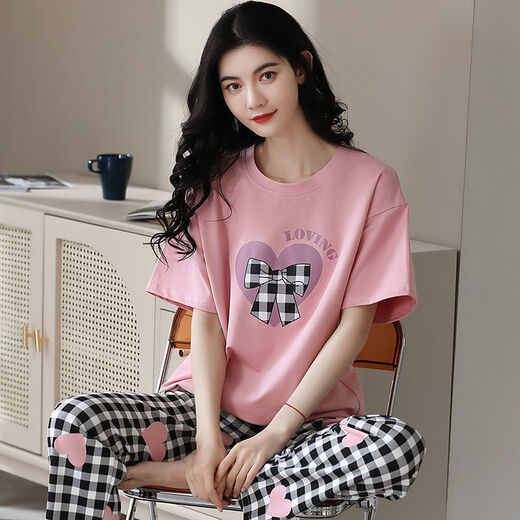 雅鹿紧赛纯棉睡衣女短袖春夏宽松女长裤韩版家居服秋季可外穿套装凉感 品牌T-9712 M (85-105斤)