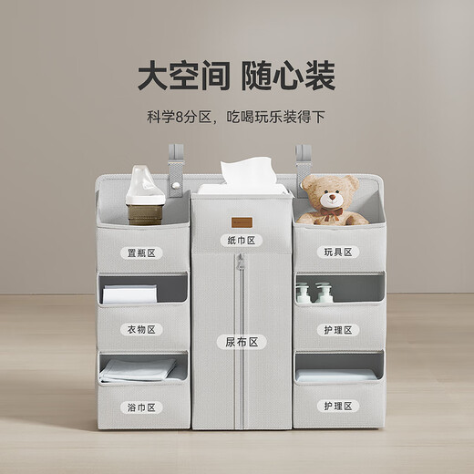 ABCMOKOO【新品】婴儿床挂收纳袋多功能尿布台置物挂篮床边尿不湿挂袋 莫兰迪灰(魔法收纳_8大分区)
