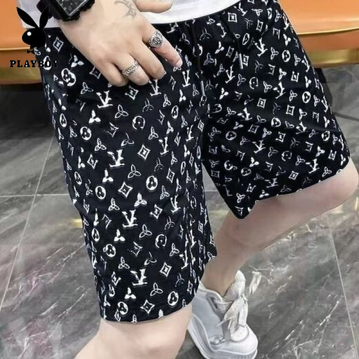 Playboy (PLAYBOY) Men's Shorts Versatile Fashion Brand Summer Five-Fifth Pants Printed Loose Trendy Beach Pants Thin New Casual Pants Clover Dark Blue Shorts L 100-120Jin [Jin is equal to 0.5 kg]
