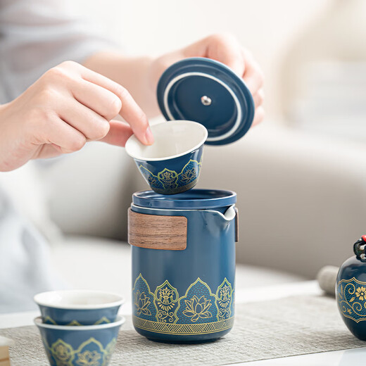Bo Naling Travel Tea Set Portable Kung Fu Tea Set Ceramic Cup Quick Cup Teapot Business Event Souvenir High-end Blue - Ancient Rhyme One Pot Four Cups + Tea Tray - Oval Bag