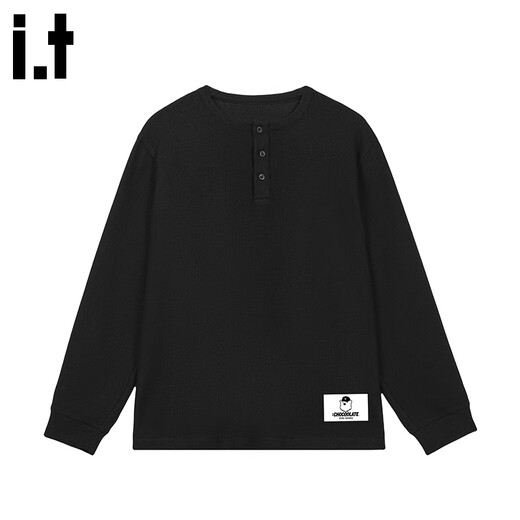CHOCOOLATE it waffle long-sleeved top men's 2025 autumn black versatile casual pullover henley shirt black 3XL recommended 170Jin Jin equals 0.5kg -190Jin Jin equals 0.5kg