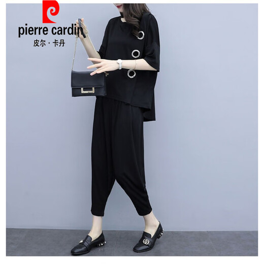 皮尔卡丹（pierre cardin）大版女装女装胖m哈伦裤套装2025春夏新款洋气显瘦遮肚运动休闲两 黑色《9928》 M 《建议80-100》