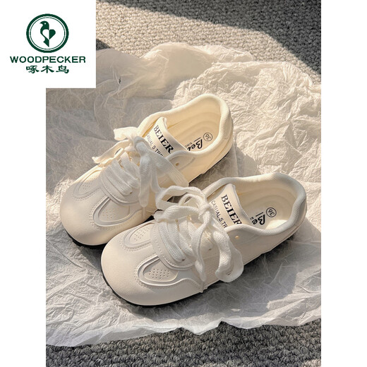 啄木鸟2025新款芭蕾风德训鞋女百搭chic小白鞋女平底不累脚休闲鞋子 3527米色 35