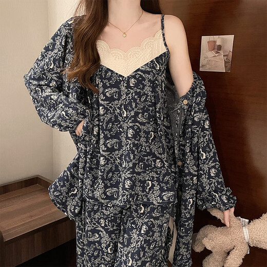 Pure Fengyun Fengyun Duo Cotton Start Pajamas para mujeres Juego de ropa para el hogar de la manga larga de tres piezas de tres piezas F9928# M Recomendado 80-100