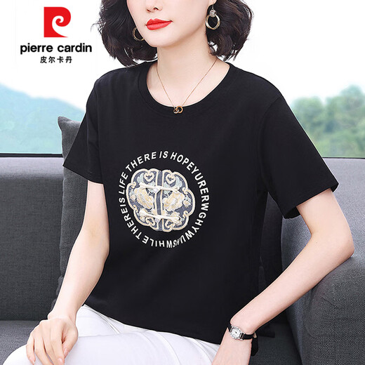 Pierre Cardin Cotton Kurzärärmungs-T-Shirt für Frauen Mutter Sommer 2025 Neuer Stil mittlerer und älteres modisches Hemd mit großer Größe mit großer Höhe.