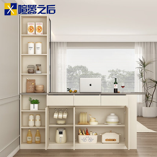 溥畔奶油中古风转角厨房中岛台客厅双面隔断吧台一体餐柜收纳柜8G374 款式11(带灯无升降插座)1478*60