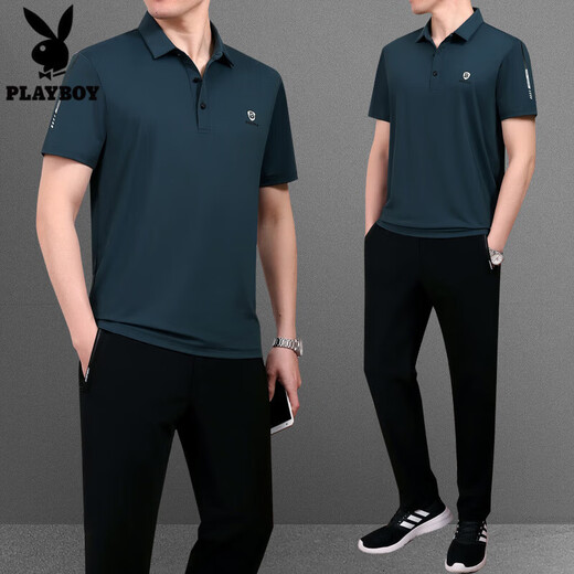 花花公子（PLAYBOY OUTDOOR）冰丝t恤男士套装夏季薄款休闲男装运动服中年短袖男父亲节爸爸装 755橘红 3XL建议160斤---180斤T恤+裤子