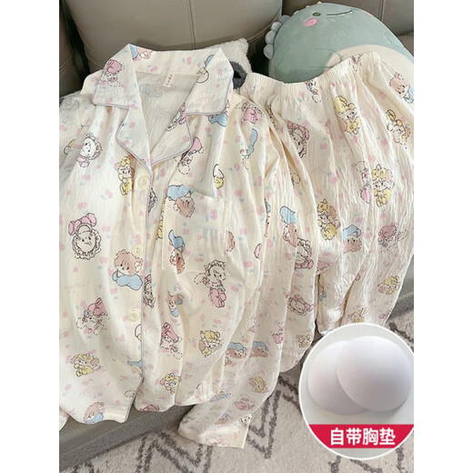 
Victoria's style with chest pads, large size pajamas for women in spring and autumn cloud cotton long sleeves sweet and cute girl's home clothes two-piece set with chest pads-9904 polka dot bear [long sleeves + long trousers XL [110-130Jin [Jin equals 0.5 kg]]