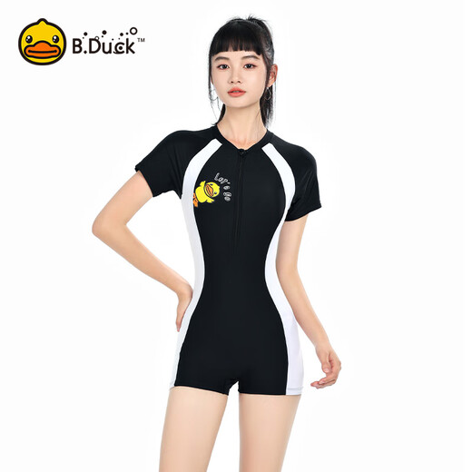 B.Duck official flagship new product sports one-piece swimsuit women's long-sleeved sun protection new fashion boxer angle slim conservative swimsuit black 5014 M