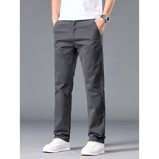 2025 Nouveau pantalon décontracté à la taille à moitié élastique pour hommes pantalon de coton pur droit d'âge moyen d'âge moyen Spring et été gris clair 6621 28