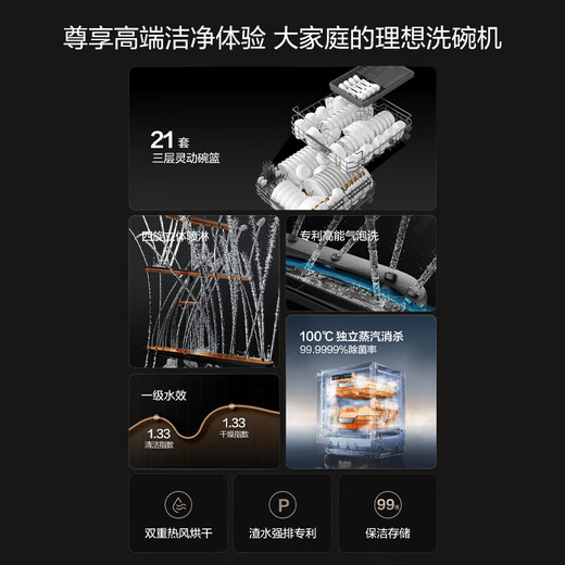 Fotile dishwasher 02-V16Max V series 21 sets of large capacity embedded household under-counter washing machine 3-story villa-level capacity High-energy bubble washing 2.0 independent steam sterilization and drying 21 sets of villa-level capacity V16MAX