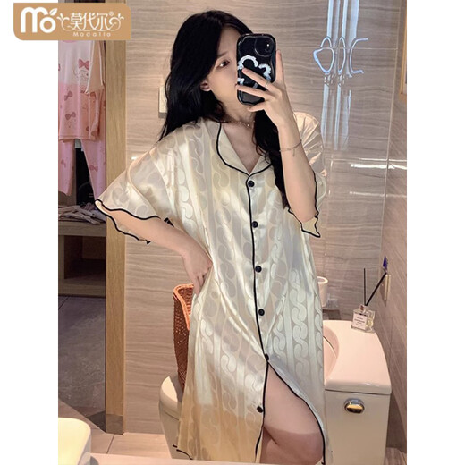 维多利亚的格调网红睡裙女夏季薄款冰丝短袖衬衫女士睡衣夏天凉感仿真丝绸家居服 CWS-9901# M 【75-100斤】