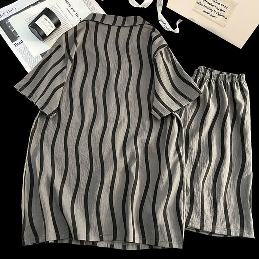 Arctic Velvet Herren Pyjamas 2025 Neue Wolken Sommer Striped Casual Home Clothing Set Dünner Sommer Kurzärärmelte Pyjama Männer 12529 L Empfohlen 100-130jin [Jin ist 0,5 kg]