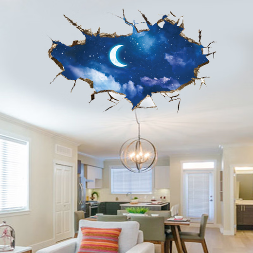 咏幻宇宙银河星空立体穿墙视觉墙贴  自粘可移除贴画天花板装饰 穿墙夜空明月SK9227 大