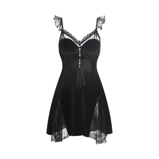 
Gui Ruo (Gui Ruo) sexy lace perspective deep V plus breast pad sweet tempting nightgown outer robe velvet home furnishing 3879 black (outer robe + belt, all size