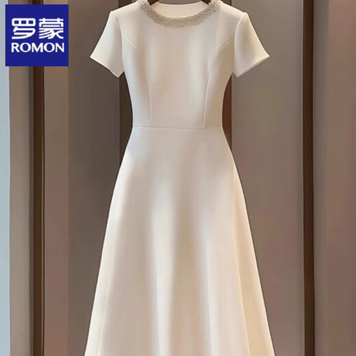 ROMON French slimming temperament light luxury high-end white dress summer new slimming waist small fragrant a-line skirt white L suitable for 107-116 Jin Jin equals 0.5 kg