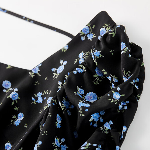 Vestido francés de Champui la para mujeres en el cuello cuadrado de verano manga retro lunares pleated slit a-line falda fondo negro flor m