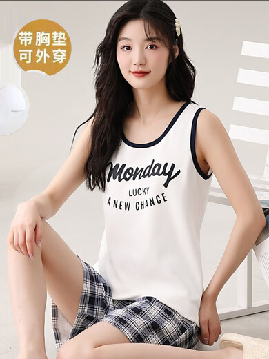Pajama de chaleco modal para mujeres para el estilo delgado de verano con almohadillas en el pecho integradas con una cómoda pieza de algodón de algodón sin mangas para el juego de ropa para el hogar [con almohadillas en el pecho] F9856 M Tamaño de la mujer RECOMENDADO 80-100B