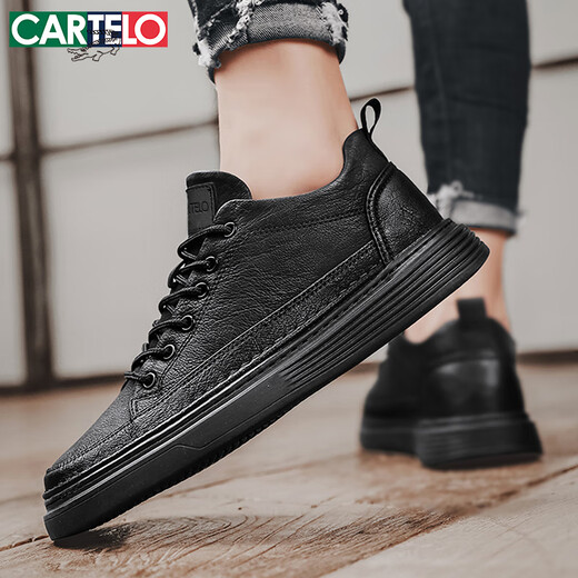 卡帝乐鳄鱼（CARTELO）男鞋夏季2025潮牌皮鞋子男软底休闲鞋男英伦板鞋 黑色 42码