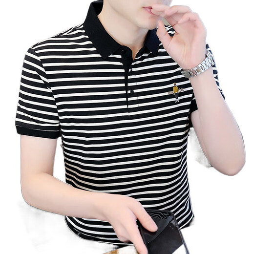 Polos de Hailan Polo a rayas Polo de manga corta para hombres Camisa de seda de hielo delgada de estilo coreano Camisa bordada casual 6626 Caki L (105120Jin [Jin equivale a 0.5 kg])