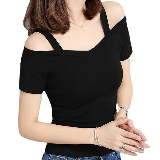 浮夏女士短袖高档女时尚一点t恤夏季黑色露肩吊带T恤一字领性感上衣潮 9923*白色 M
