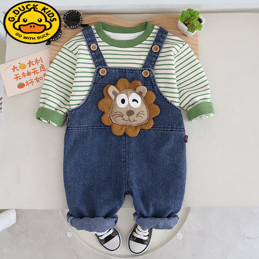 G.DUCKKIDS baby boy spring and autumn denim overalls set new fashionable cartoon baby children's clothes autumn two-piece set green L Lion strap two-piece set 100