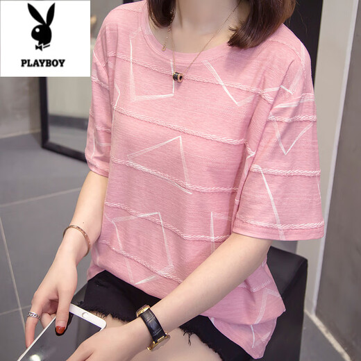 
Playboy (PLAYBOY) plus size to cover the belly and make it look slim top for women 2025 summer new fat mm casual loose cotton short-sleeved T-shirt for women 6627 blue M about 80-95