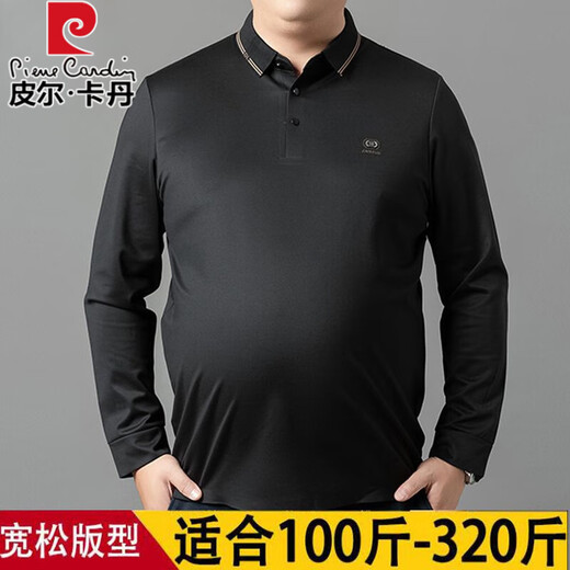 皮尔卡丹加肥加大胖子宽松长袖POLO衫男士休闲T恤春秋薄款肥佬翻领上衣 9928黑色 4XL 190建议200-220斤