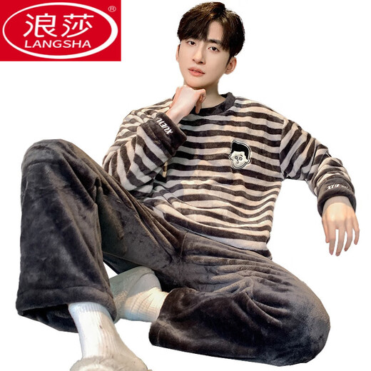 LangSha Coral Velvet Pajamas for men autumn and winter style plus velvet thickened warm set flannel men autumn home clothes K3889 L