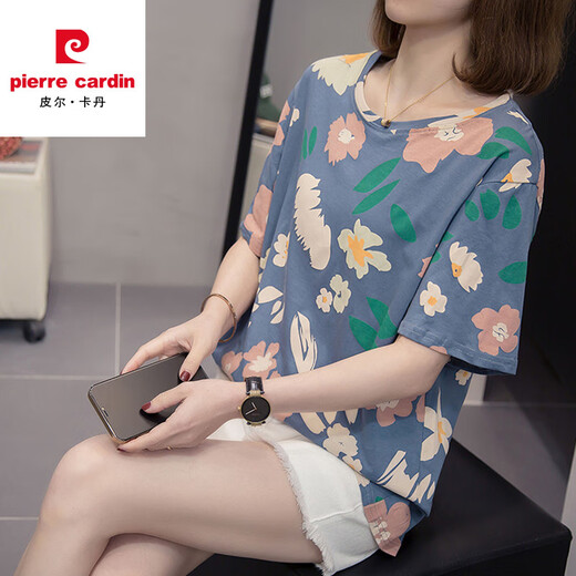 
Pier Cardin 2025 summer suit plus size cotton short-sleeved T-shirt for women fat mm hiding belly loose slimming casual and versatile top for women 9901 gray M [about 80-95]