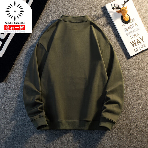 Kuraishi Kazuki American retro loose heavyweight bottoming long-sleeved sweatshirt men's autumn and winter trendy brand high-end hooded henley top Army Green M