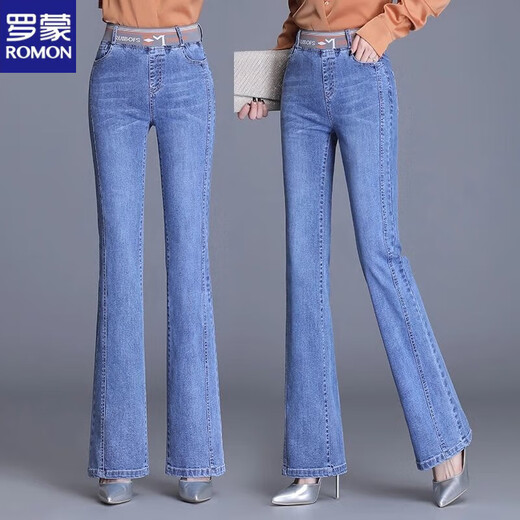 Romon gerade Glockenboden Jeans Frauen hohe Taille 2025 Neue Frühlings- und Sommer-Frauenhosen elastische Taille schlampige Hose Lose 819-Blue-Zipper 26
