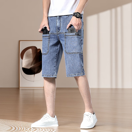 Summer new versatile denim shorts for work, six-pocket stretch men's versatile mid-pants, trendy six-point men's pants, dark blue six-pocket mid-pants 28 (recommended 95-108 Jin Jin equals 0.5 kg) 2 feet 1